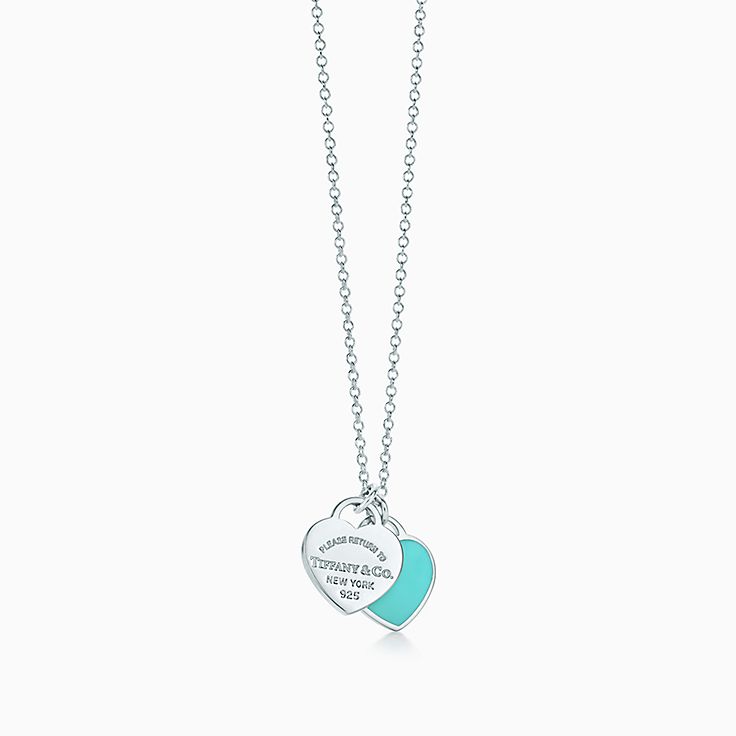 Return to Tiffany® mini double heart tag pendant in silver with enamel finish.