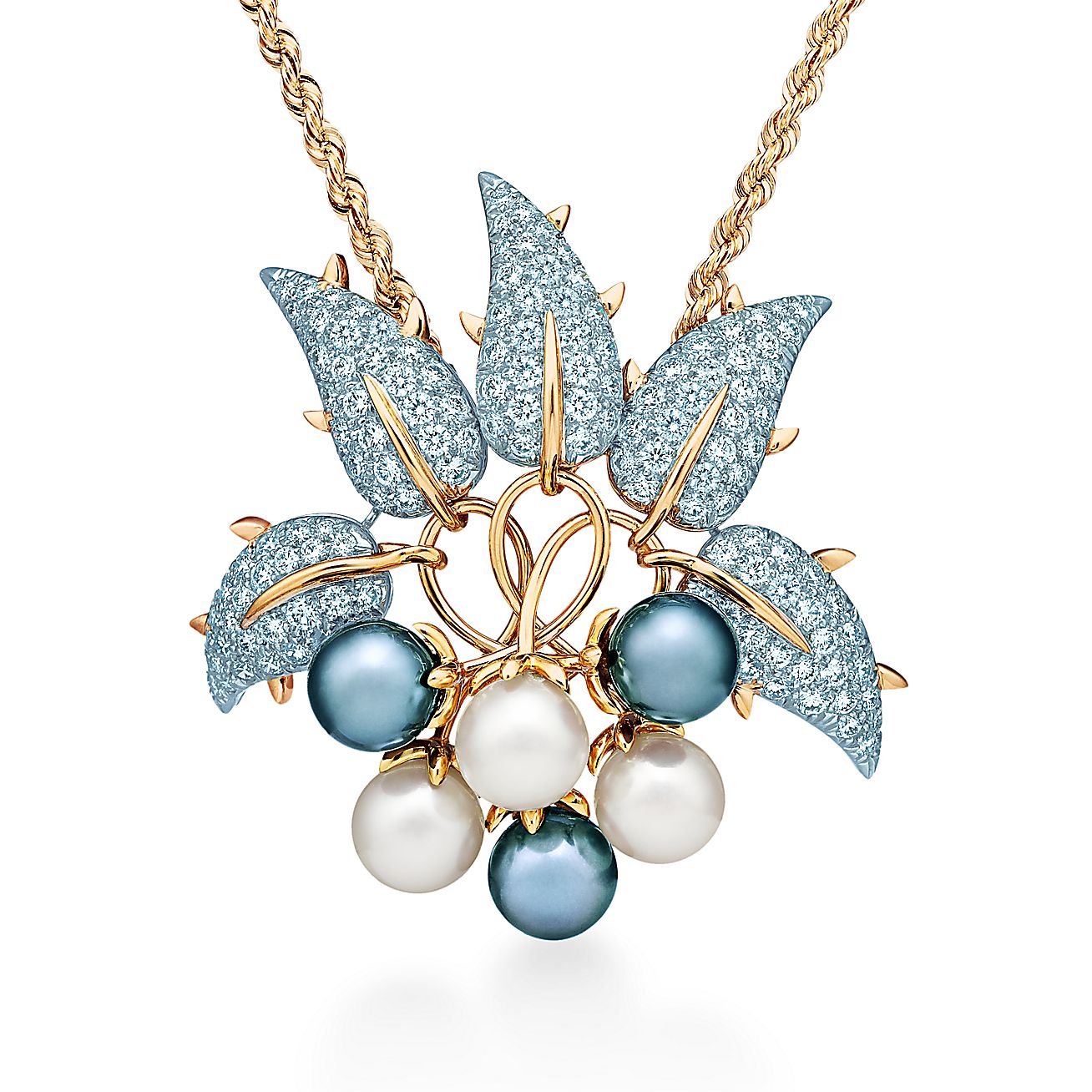 Jean Schlumberger Leaves diamond and pearl pendant in 18k gold and platinum. | Tiffany & Co.