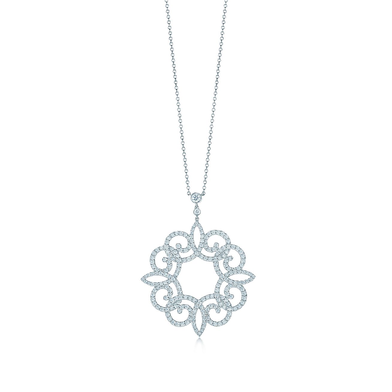 Tiffany Enchant® scroll pendant in platinum with diamonds, medium