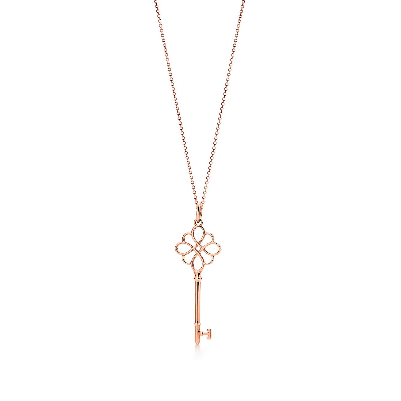 Tiffany Keys knot key pendant in 18k rose gold on a chain. Tiffany & Co.