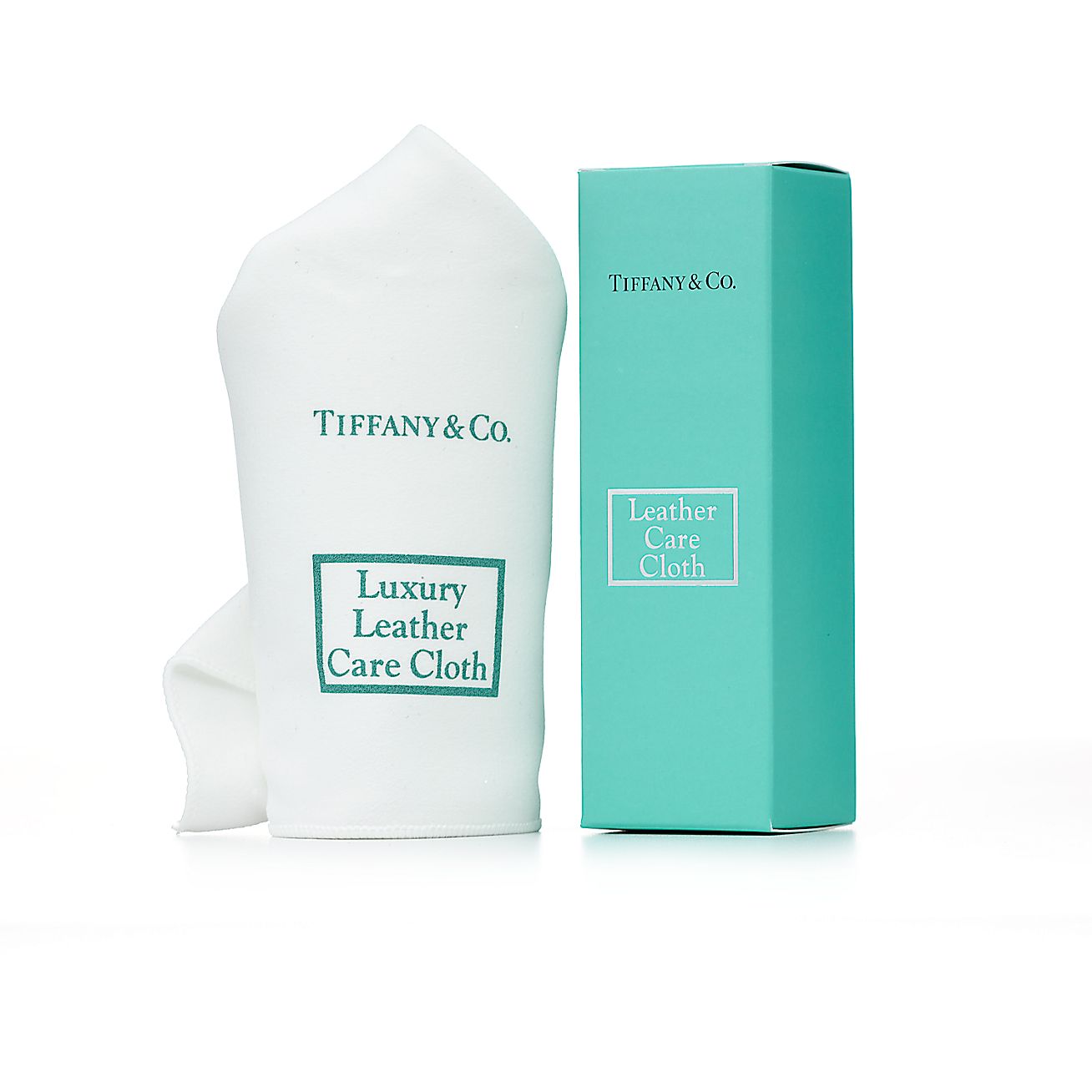 Tiffany Leather Care Cloth in white fabric, 12" x 12". Tiffany & Co.