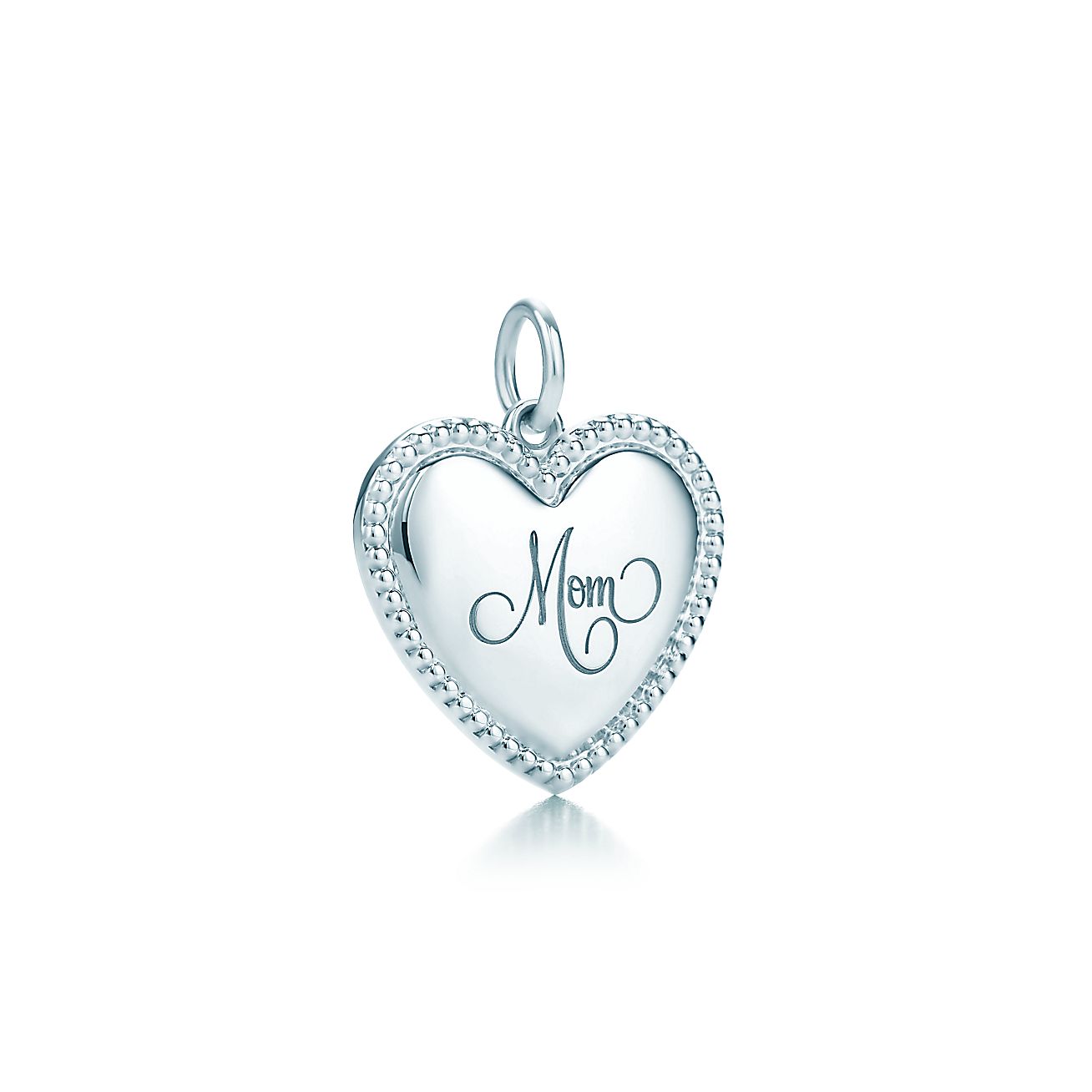 Tiffany Yours "Mom" heart charm in sterling silver, medium. Tiffany & Co.