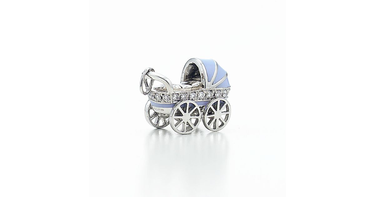Baby Carriage charm with blue enamel and diamonds in platinum