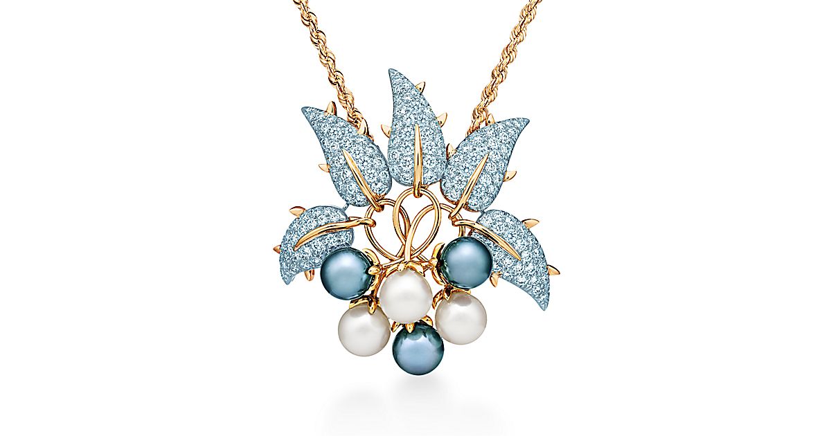 Jean Schlumberger Leaves diamond and pearl pendant in 18k gold and platinum. | Tiffany & Co.