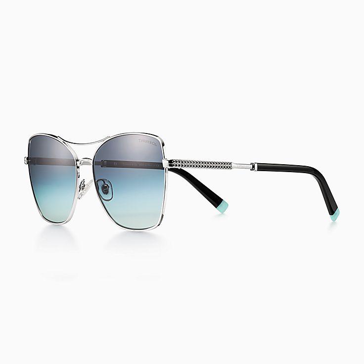 Diamond Point Sunglasses in Silver-Colored Metal with Tiffany Blue Lenses
