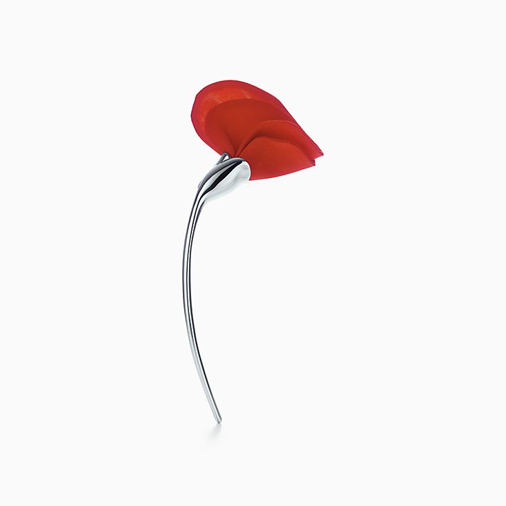 Elsa Peretti® Amapola brooch in sterling silver with red silk
