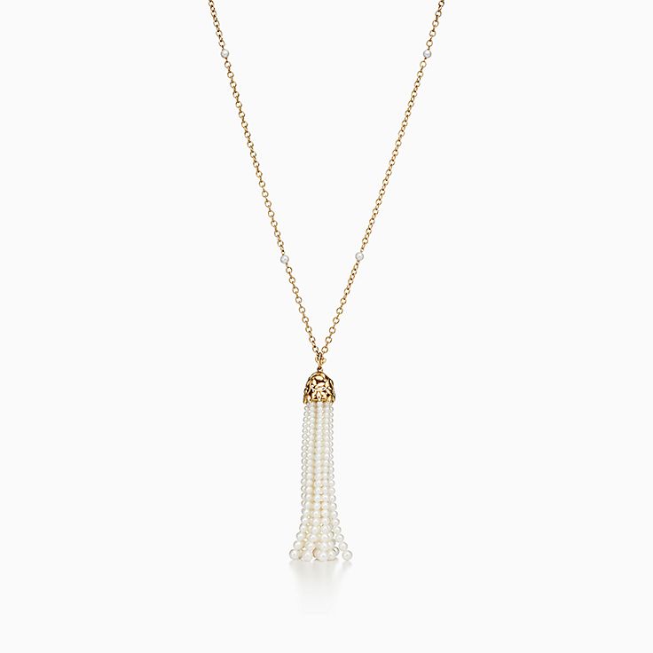 Paloma Picasso® Olive Leaf pearl tassel necklace in gold with diamonds,  large. | Tiffany & Co.