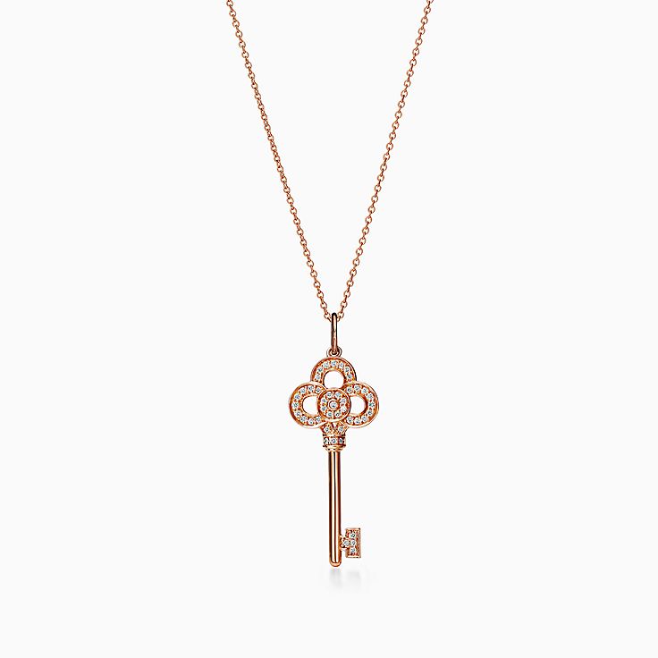 Tiffany Keys petals key pendant with diamonds in platinum on a chain.