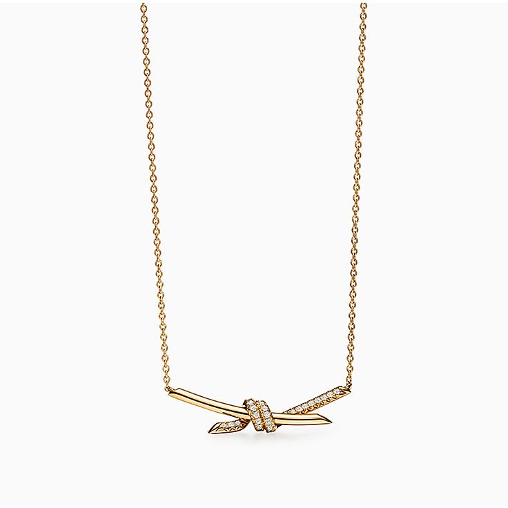 Auth Tiffany & Co. 18k Yellow Gold Bow Ribbon Pendant Necklace 16”