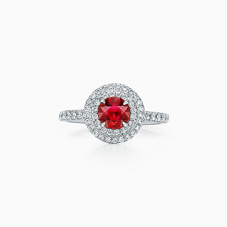 Tiffany Novo® Cushion-cut Ruby Ring in Platinum with Pavé Diamonds |  Tiffany & Co.