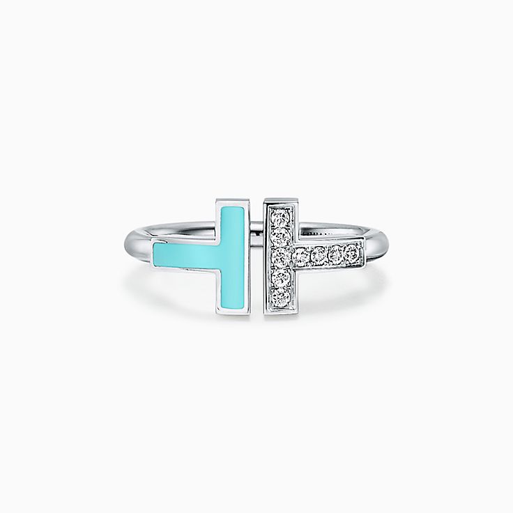 Tiffany T:Anillo delgado con turquesa y diamantes