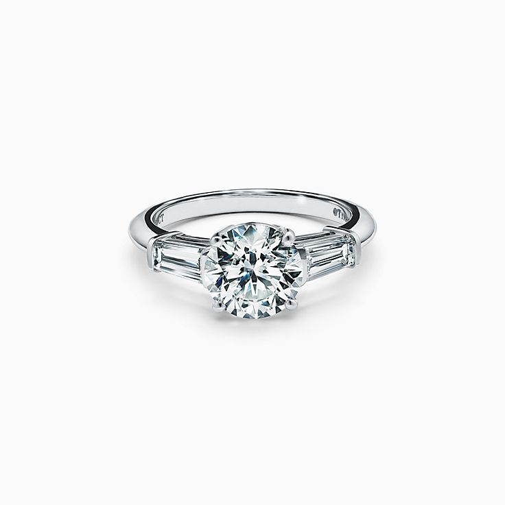 Tiffany Three Stone Engagement Ring with Baguette Side Stones in Platinum