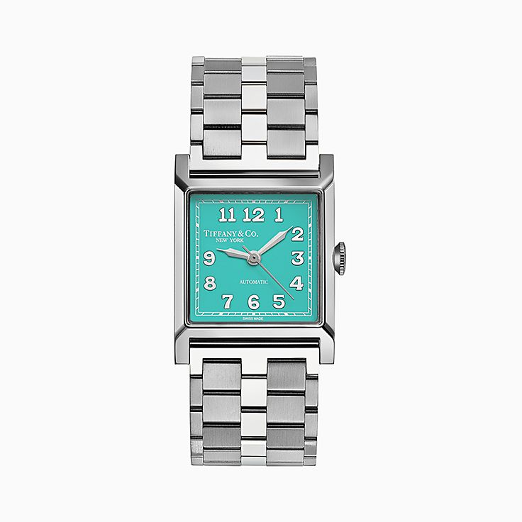 Tiffany 1837 Makers 27 mm square watch in stainless steel with a leather  strap.