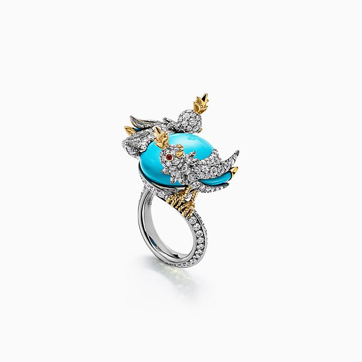 Bird on a Rock by Tiffany Ring in Platinum and Gold with Turquoise