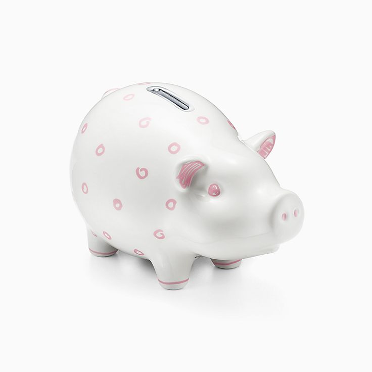 Dot piggy bank in earthenware with pink 