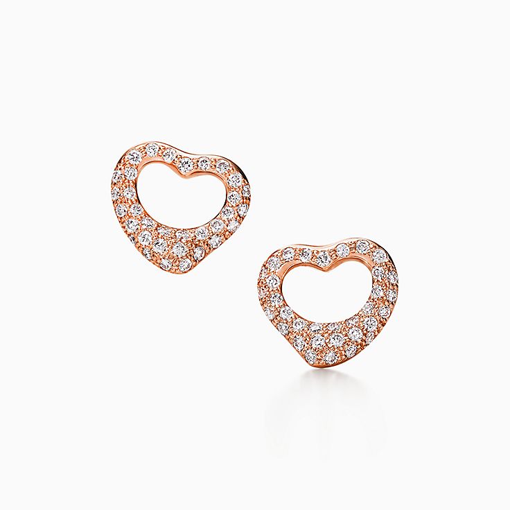 Tiffany & Co. 18k Rose Gold and Diamond Heart Stud Earrings - Yoogi's Closet