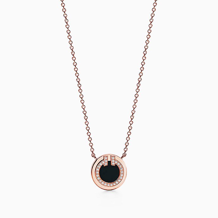 Tiffany T:Two Diamond and Black Onyx Circle Pendant in 18k Rose Gold, 16–18"