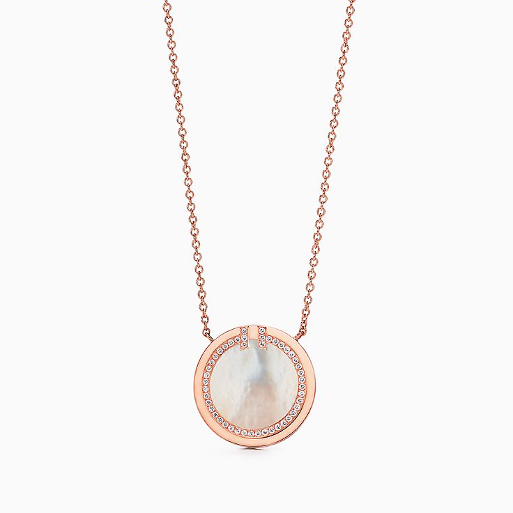 Tiffany T:Two Diamond and Mother-of-pearl Circle Pendant in 18k Rose Gold, 16–18"