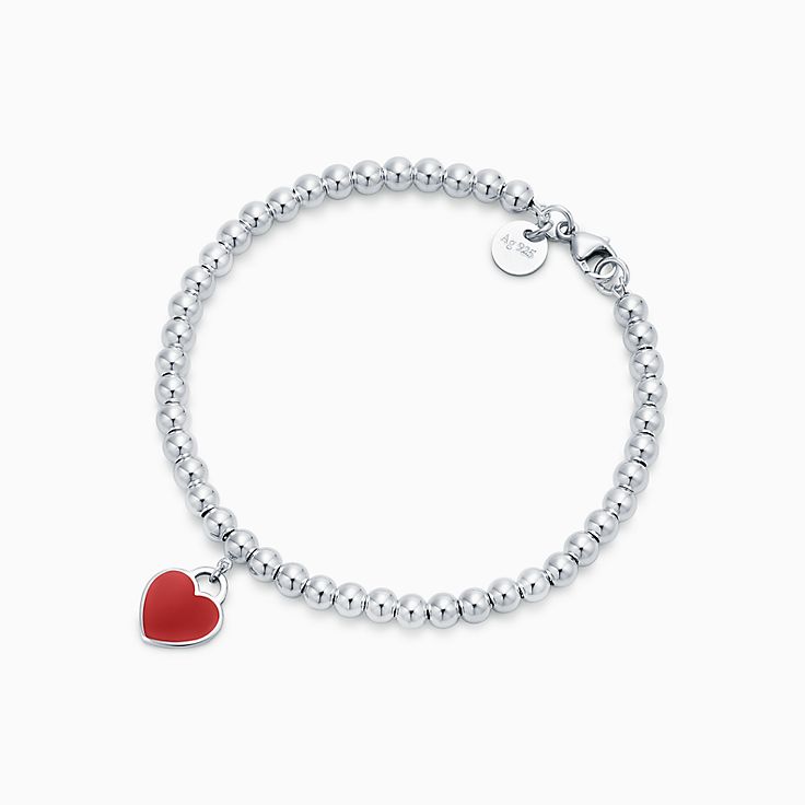 Return to Tiffany Red Heart Tag Bead Bracelet in Silver Size Small