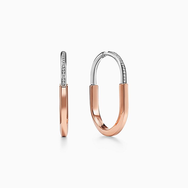 Tiffany Lock 玫瑰金及白金鑲鑽耳環，特大號| Tiffany & Co.