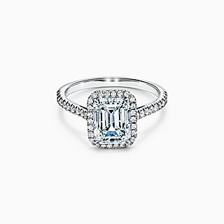 Tiffany Soleste Emerald-cut Halo Engagement Ring with a Diamond Platinum Band