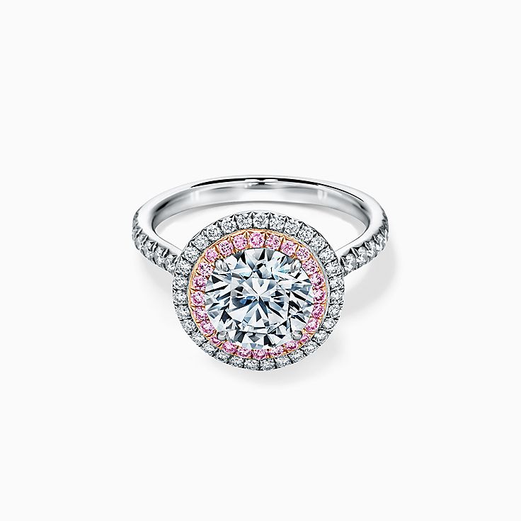 Tiffany Soleste double halo engagement ring with pink in platinum. Tiffany Co.
