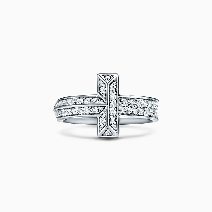 Bague T1 Tiffany T en or blanc 18 carats et diamants. Largeur 4