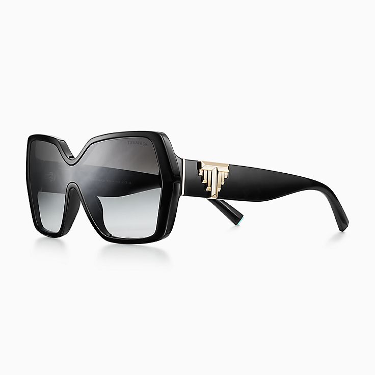 Tiffany T Deco Sunglasses in Black Acetate Gold Colored Metal and Gray Lenses