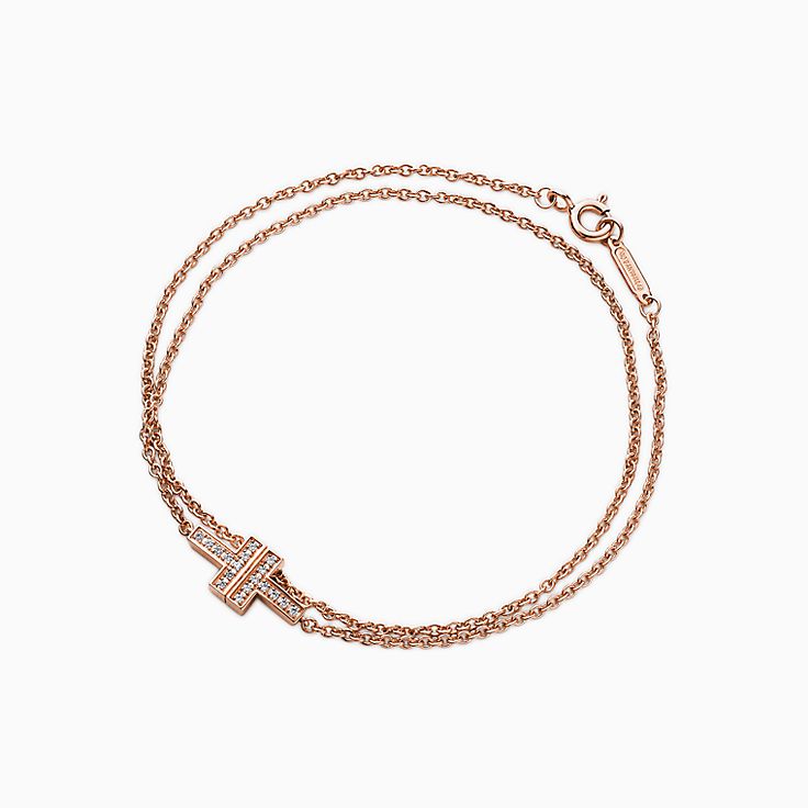 Tiffany T diamond double chain bracelet in 18k rose gold, small 