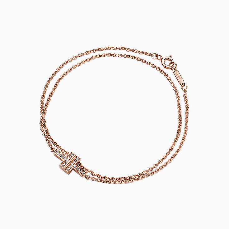 Tiffany T diamond double chain bracelet in 18k rose gold, medium 