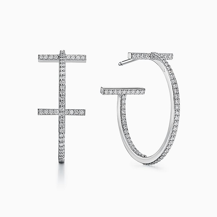 Tiffany T diamond hoop earrings in 18k white gold, medium 