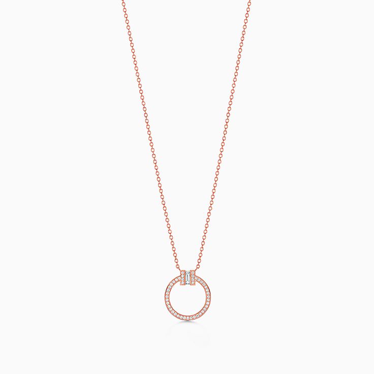 Tiffany T diamond pendant in 18k rose gold with a baguette diamond 