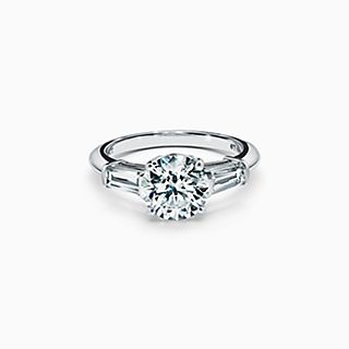 Tiffany Three Stone Engagement Ring with Baguette Side Stones in Platinum