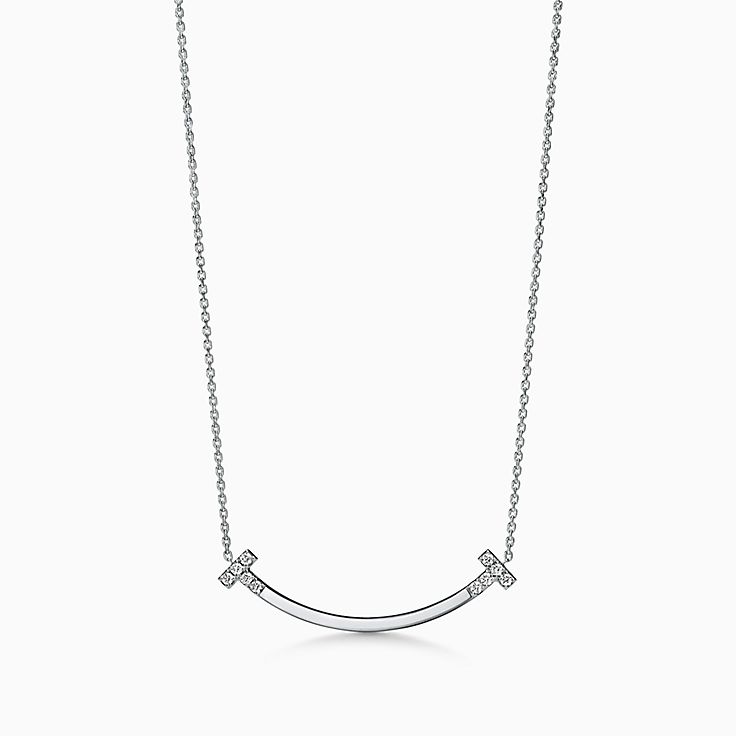 Tiffany T Smile Medium Pendant in White Gold with Diamonds 