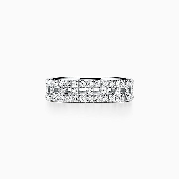 Tiffany T True wide ring in 18k white gold with pavé diamonds, 5.5