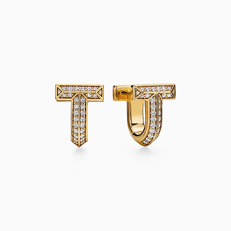 ティファニー T T ワン ハーフ パヴェ ダイヤモンド ハギー ピアス イエローゴールド | Tiffany & Co.