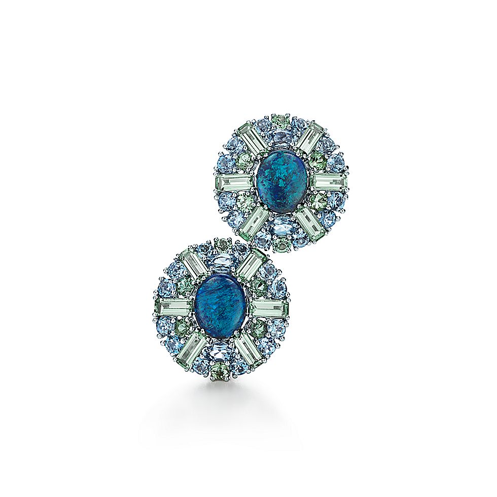 Earrings In Platinum With Black Opals Tourmalines And Aquamarines Black Opal Earrings