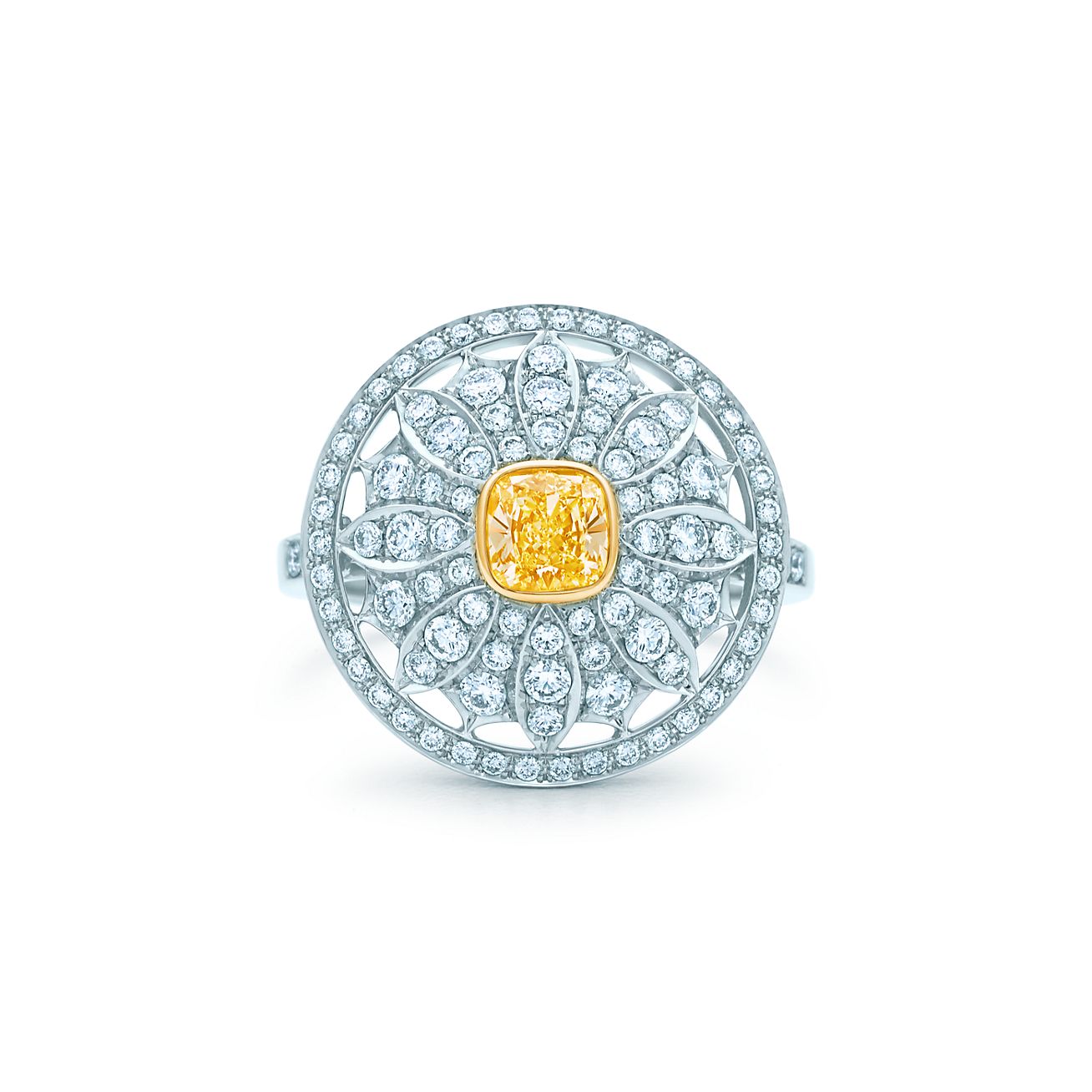 鉑金配18K 金鑲黃鑚及白鑚雛菊戒指 