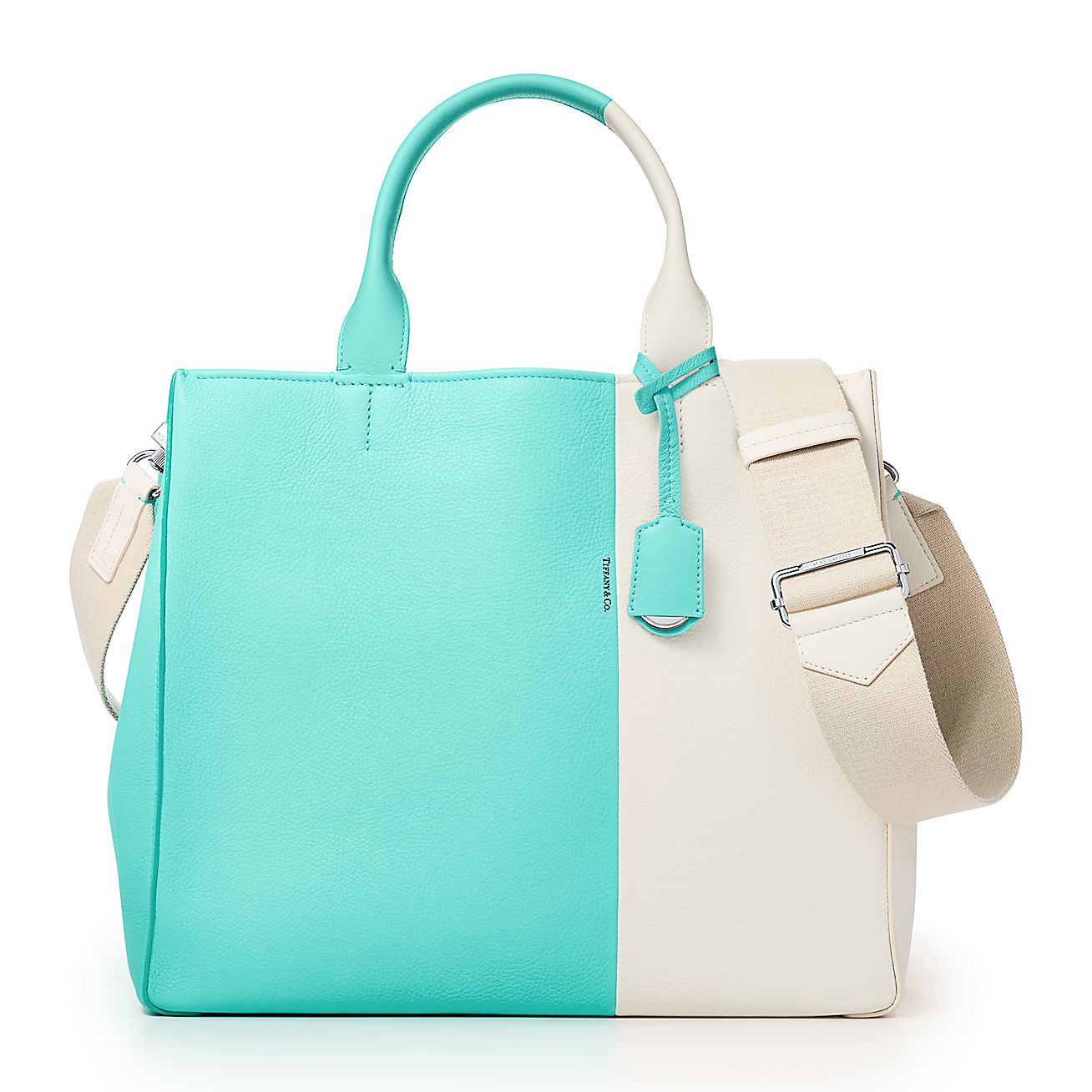カラーブロック トートバッグ オフホワイトおよびティファニー ブルーグレイン カーフスキン レザー Tiffany Co