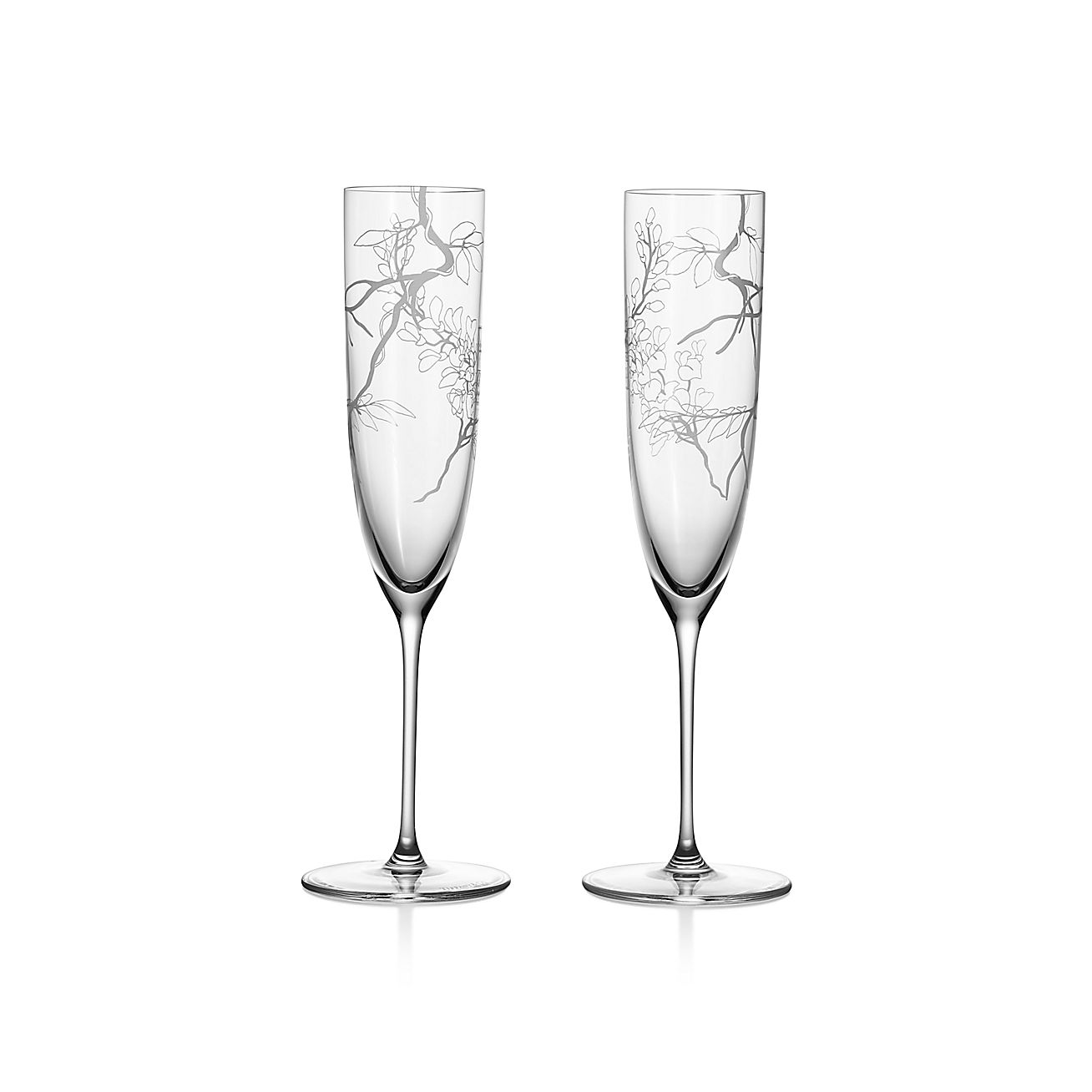 Tiffany Wisteria Champagne Glasses in Etched Glass, Set of Two