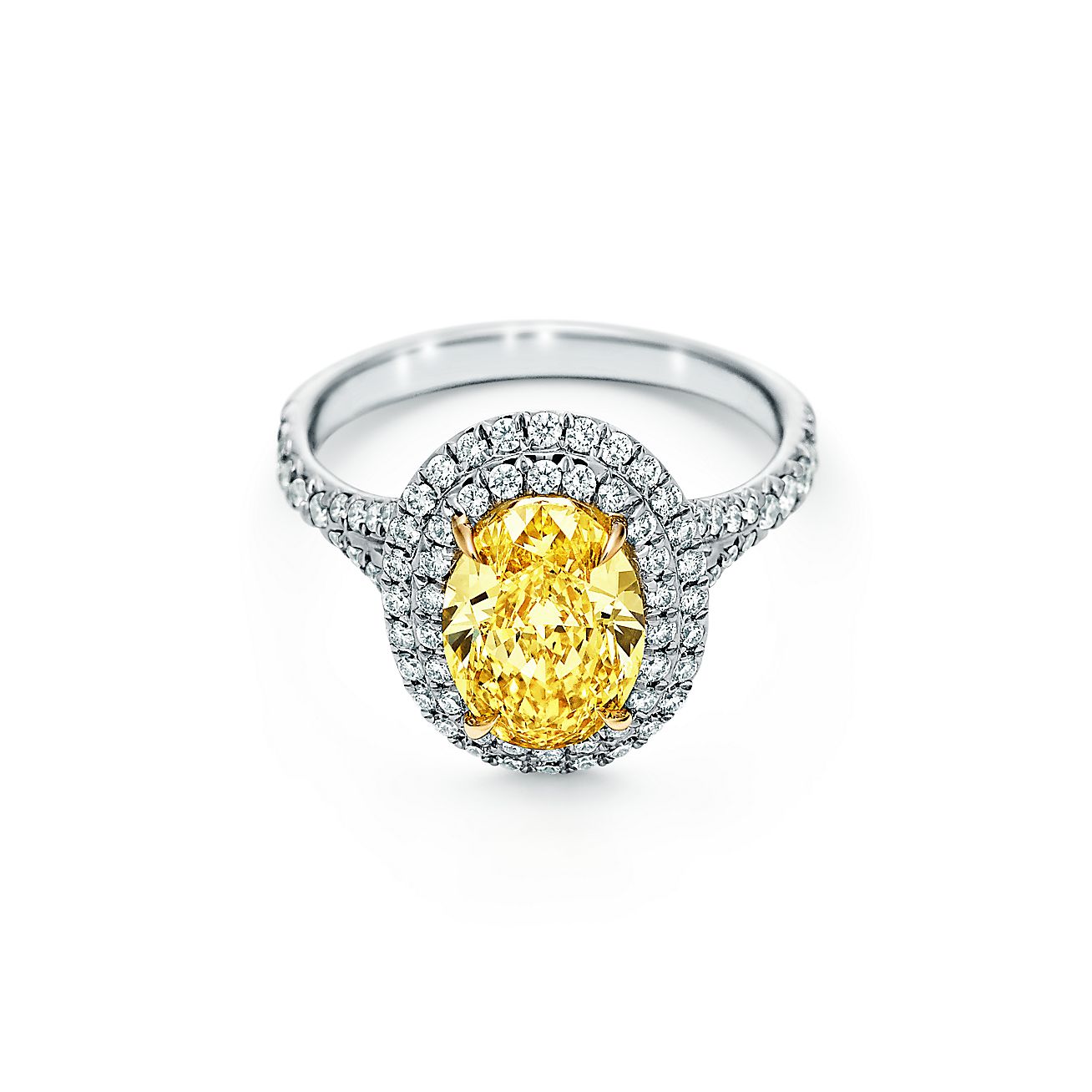 Anillo de compromiso Soleste, platino, doble halo diamantes amarillos. | Tiffany & Co.