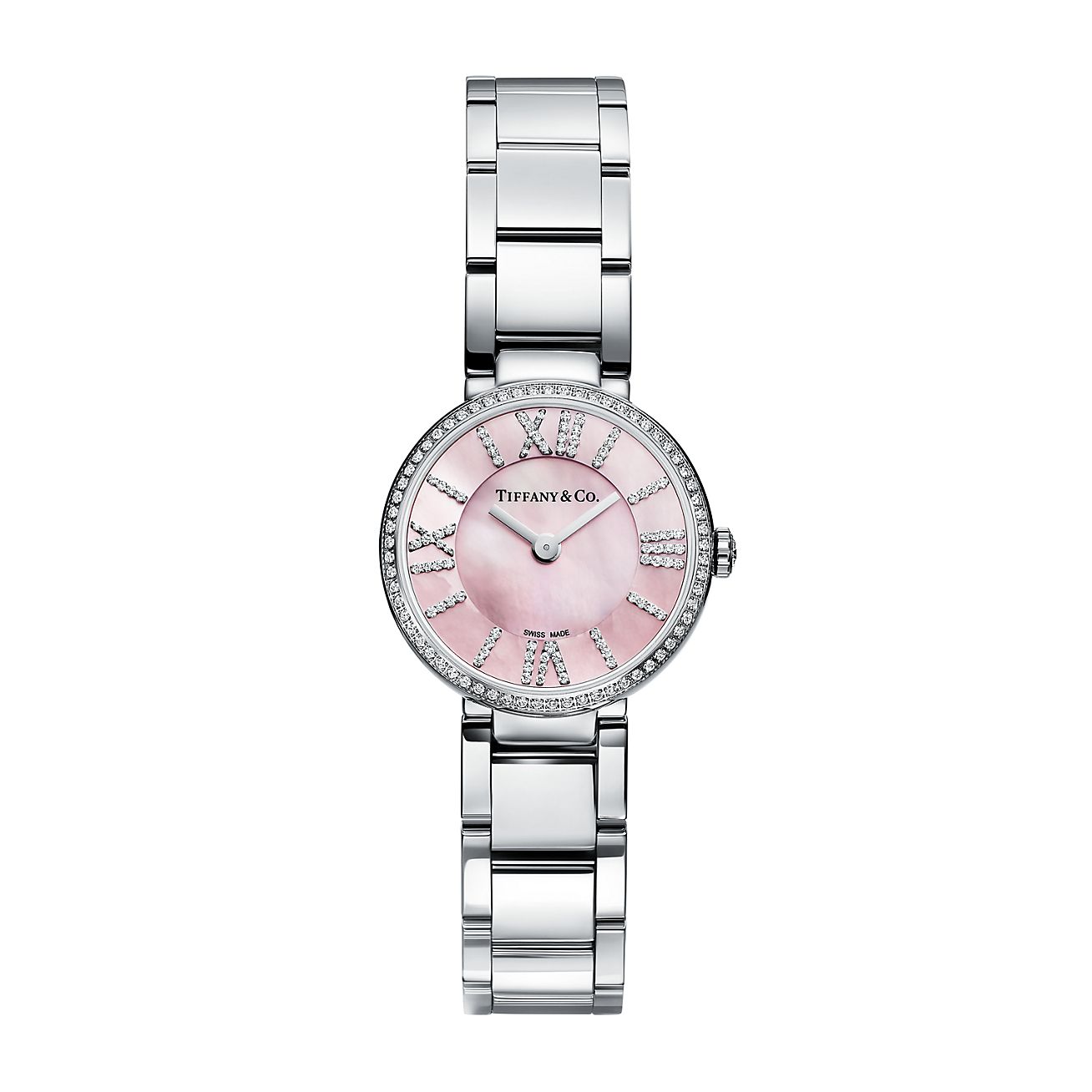 Atlas™ 24 mm watch in stainless steel with diamonds and pink mother-of-pearl.  | Tiffany &