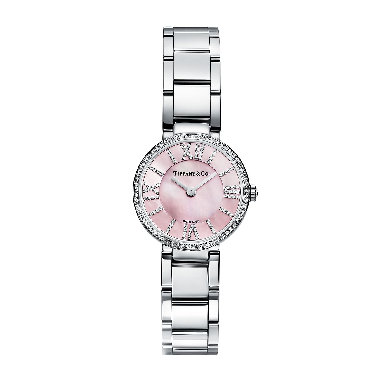 Atlas™ 24 mm watch in stainless steel with diamonds and pink  mother-of-pearl. | Tiffany u0026 Co.