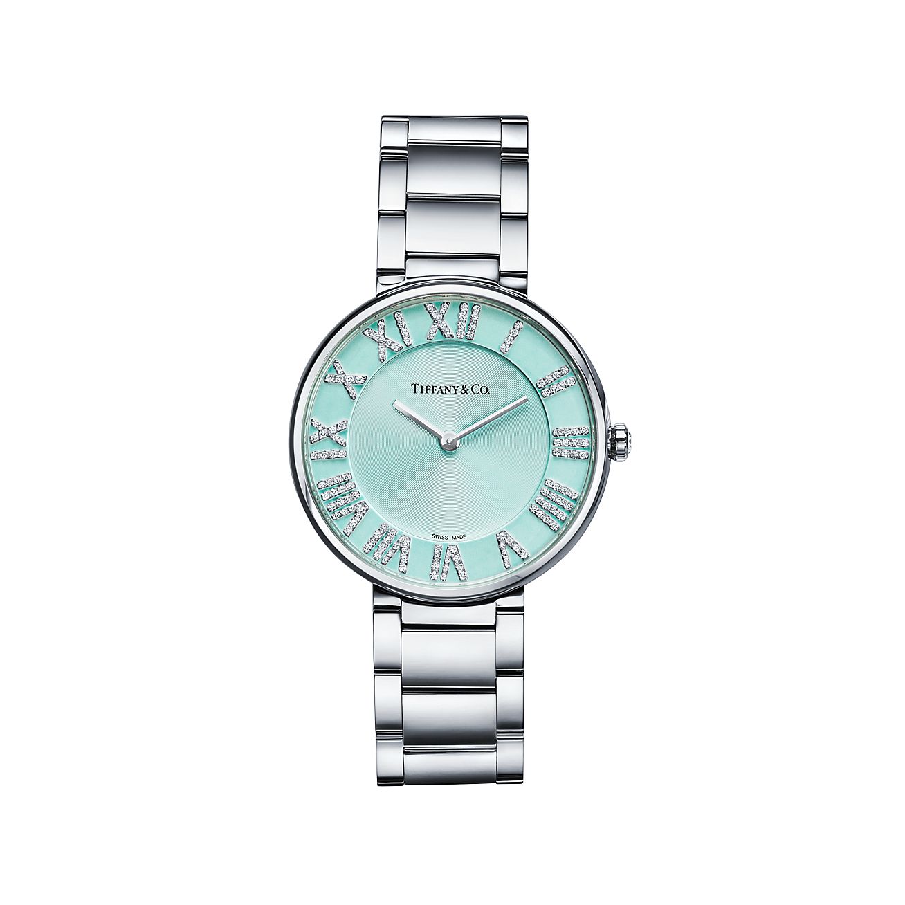 Atlas® 34 mm Watch in Stainless Steel with Diamonds and a Tiffany Blue® Dial| Tiffany & Co.