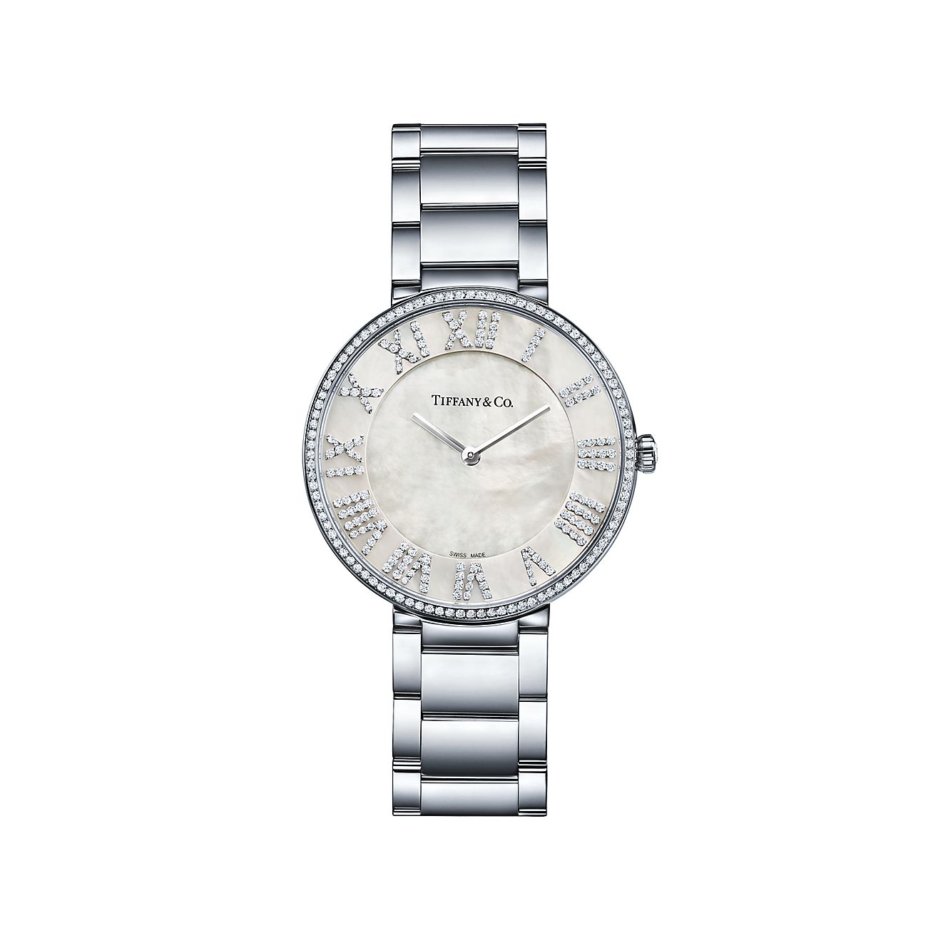 Atlas® 34 mm Watch in Stainless Steel with Diamonds and White  Mother-of-pearl | Tiffany & Co.