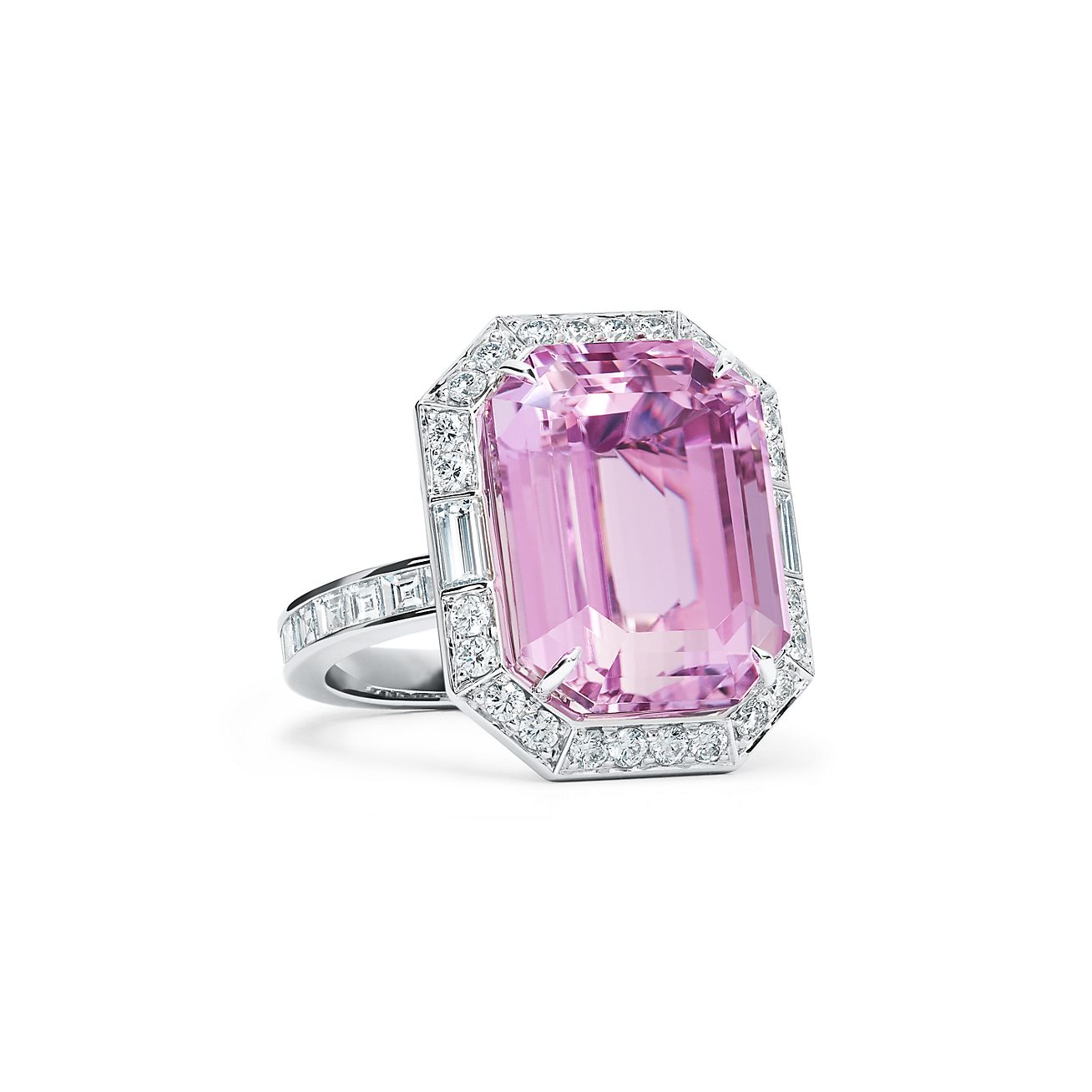 Bague en platine avec kunzite de plus de 16 carats et diamants