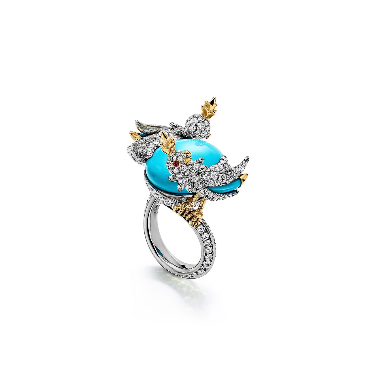 Bird on a Rock by Tiffany Ring in Platinum and Gold with Turquoise