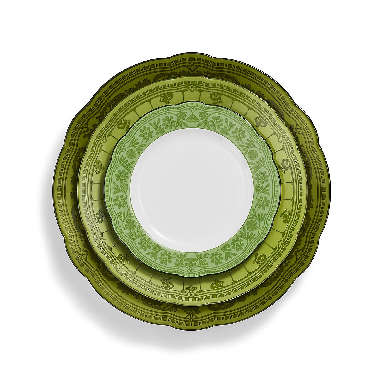 Set di tre piatti in porcellana verde. Collezione Tiffany Heritage