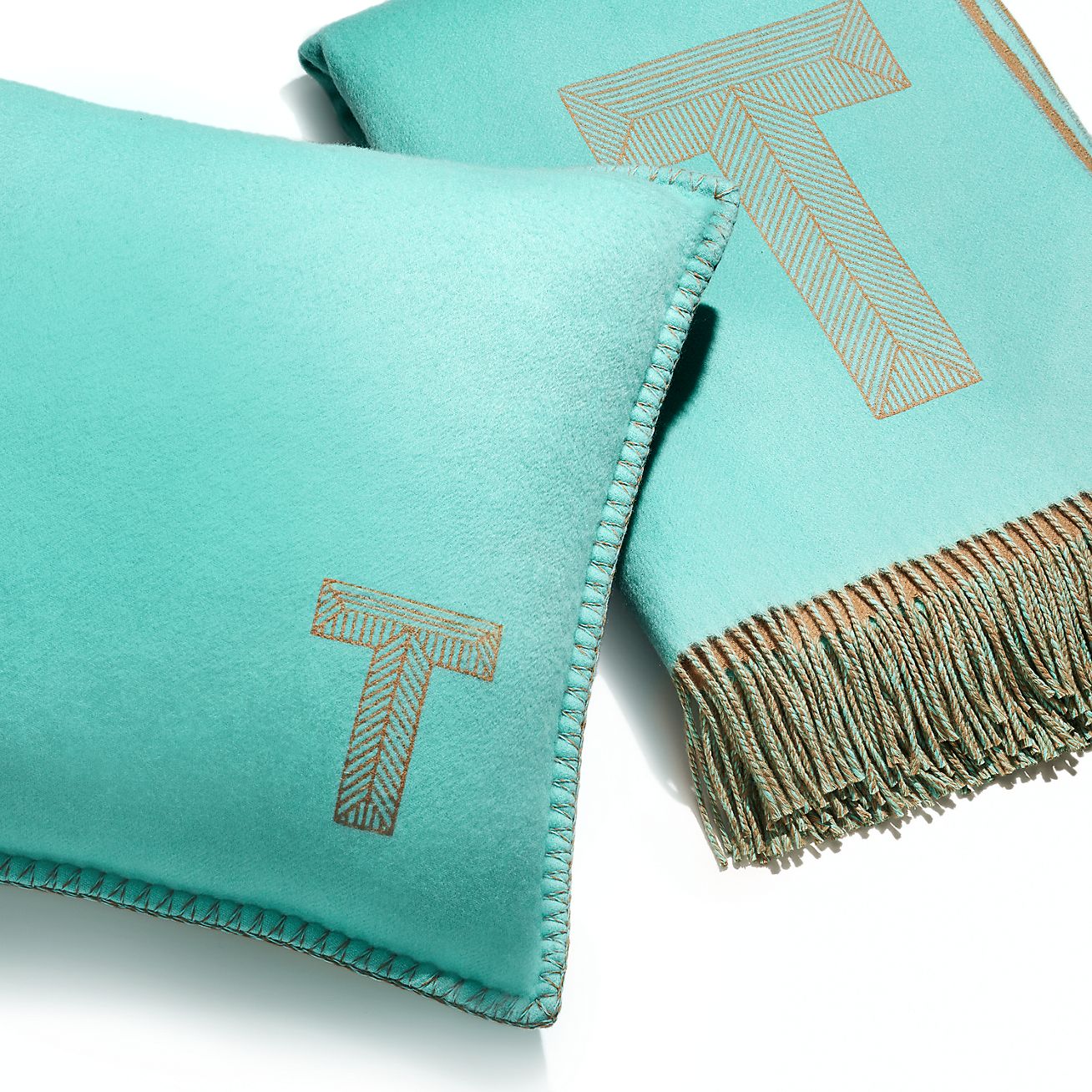 Color Block Cushion in Tiffany Blue® and Camel Brown Cashmere and Wool - Alternate shot 1 - Alternate shot 2 - Alternate shot 3
