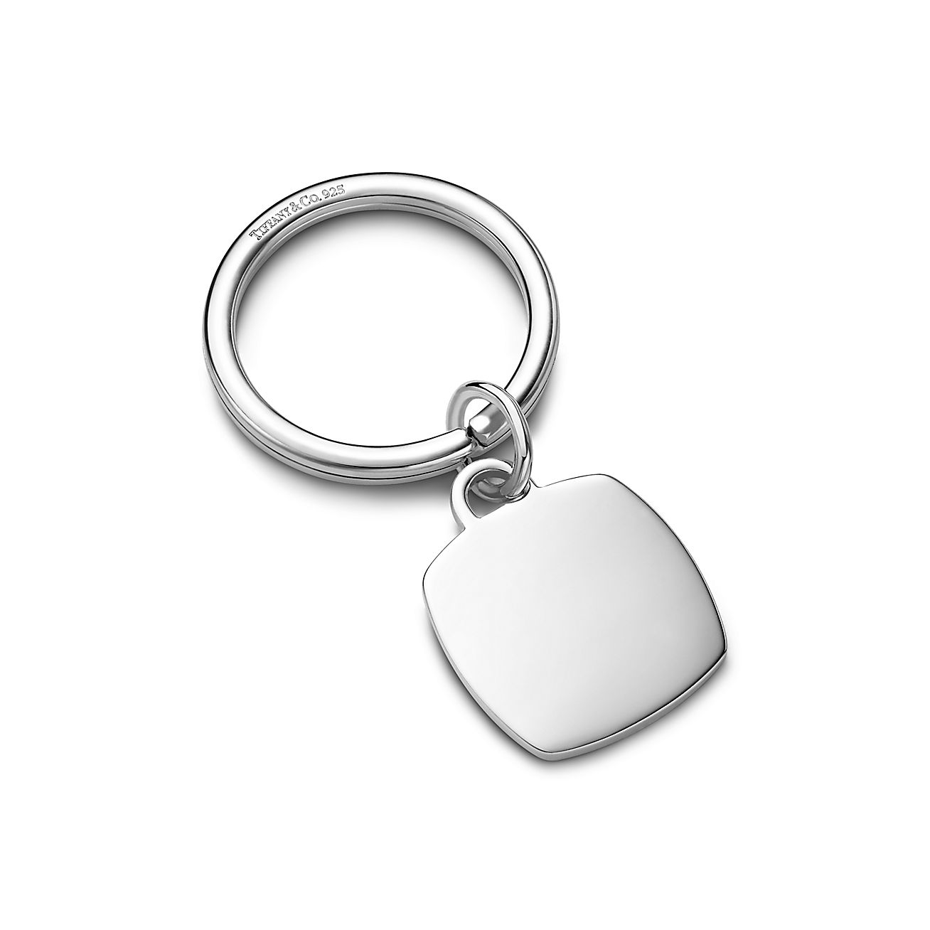 Cushion tag key ring in sterling silver.
